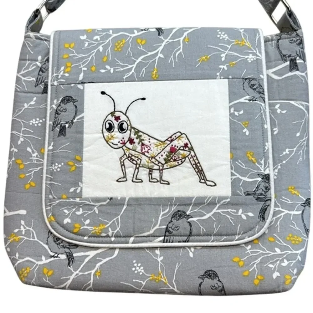 Unique Handmade Embroidered Grasshopper Birds Bug Noah Crossbody Bag Pocketbook